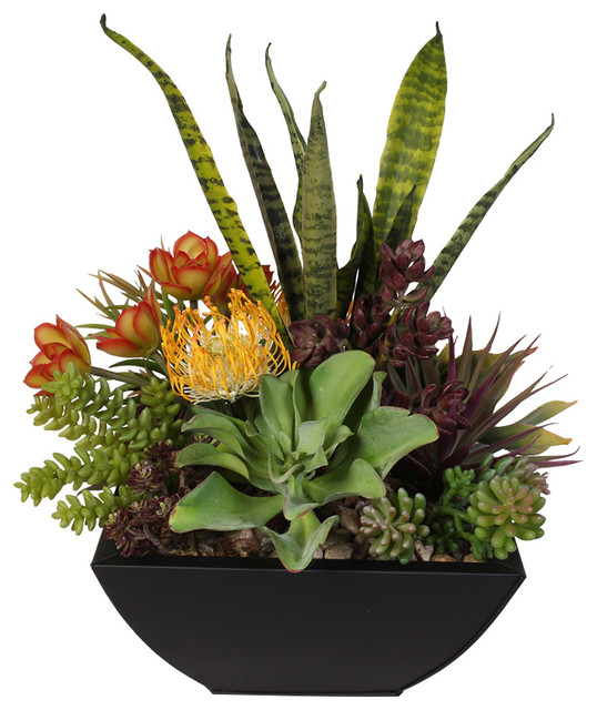 Decorative Succulent Centerpiece In Metal Container Contemporary