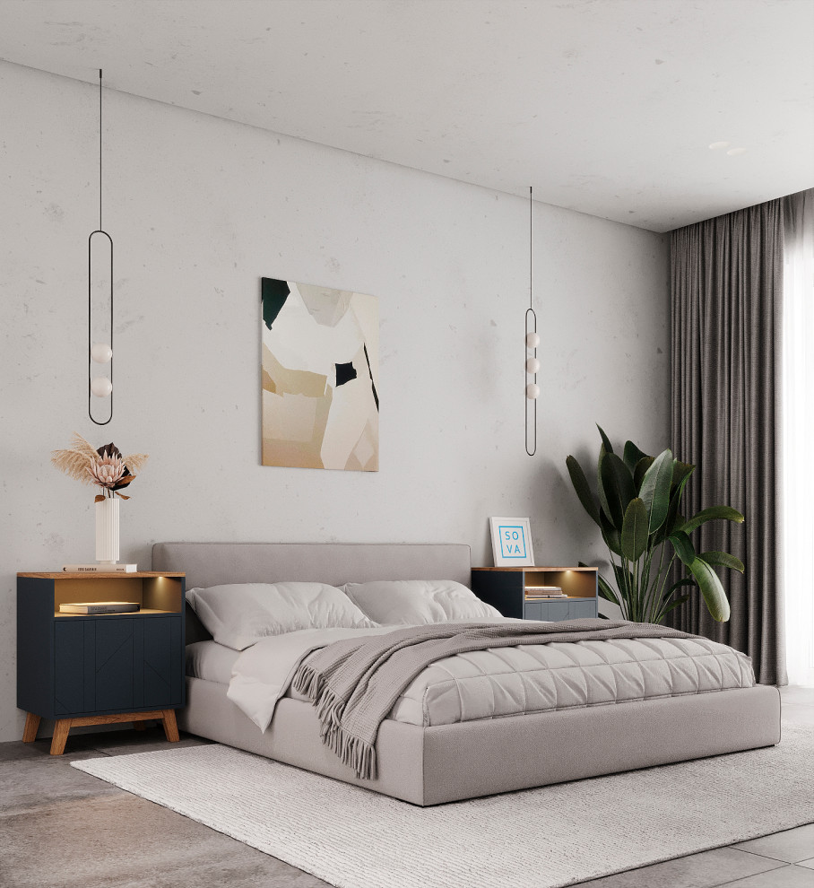 Идея дизайна: хозяйская спальня среднего размера в скандинавском стиле с полом из керамической плитки, серым полом и серыми стенами без камина