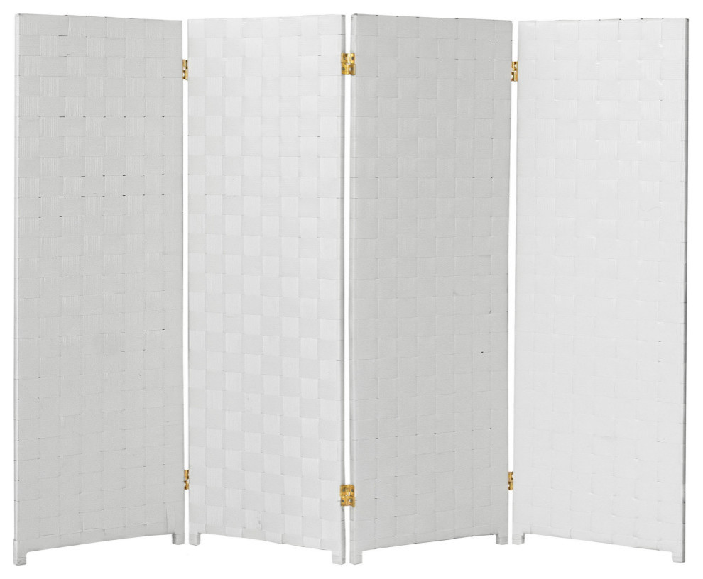 4 ft. Short Woven Fiber Outdoor All Weather Room Divider 4 Panel White