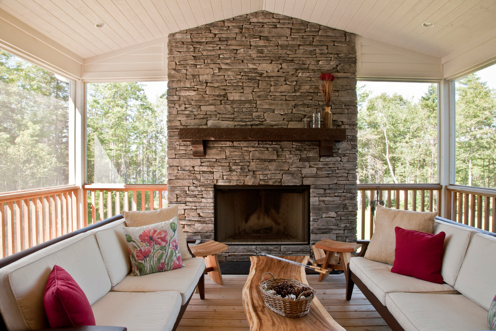 Inspiration for a transitional deck in Other with a fire feature and a roof extension.