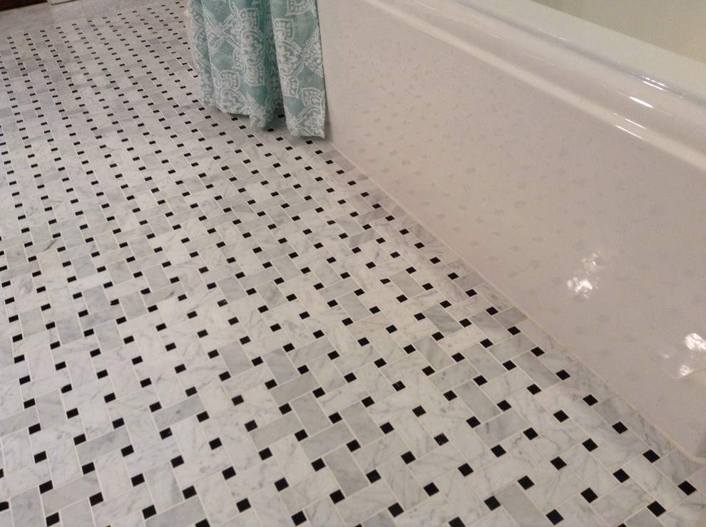 Mid-sized elegant master white tile and ceramic tile marble floor home design photo