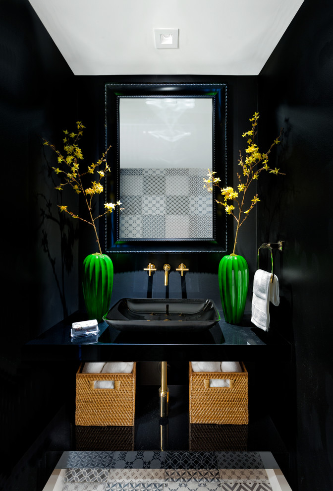 Powder room - small eclectic black and white tile and marble tile ceramic tile and multicolored floor powder room idea in Miami with open cabinets, black cabinets, a two-piece toilet, black walls, a pedestal sink and laminate countertops