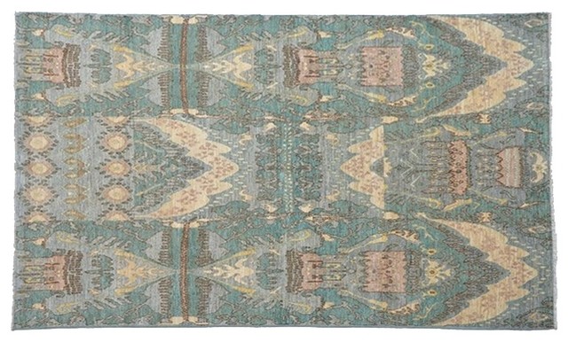 Ikat Uzbek Design Oriental Rug, 6'X9' 100% Wool Hand Knotted Teal Rug