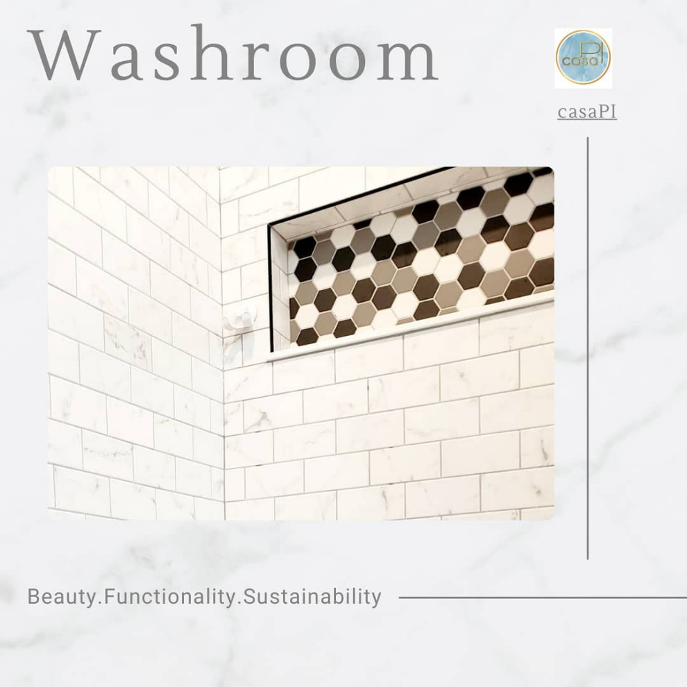 Свежая идея для дизайна: маленькая главная ванная комната в стиле ретро с фасадами с выступающей филенкой, светлыми деревянными фасадами, душем в нише, унитазом-моноблоком, черно-белой плиткой, керамической плиткой, серыми стенами, полом из винила, накладной раковиной, столешницей из кварцита, серым полом, душем с распашными дверями, разноцветной столешницей, нишей, тумбой под одну раковину и напольной тумбой для на участке и в саду - отличное фото интерьера