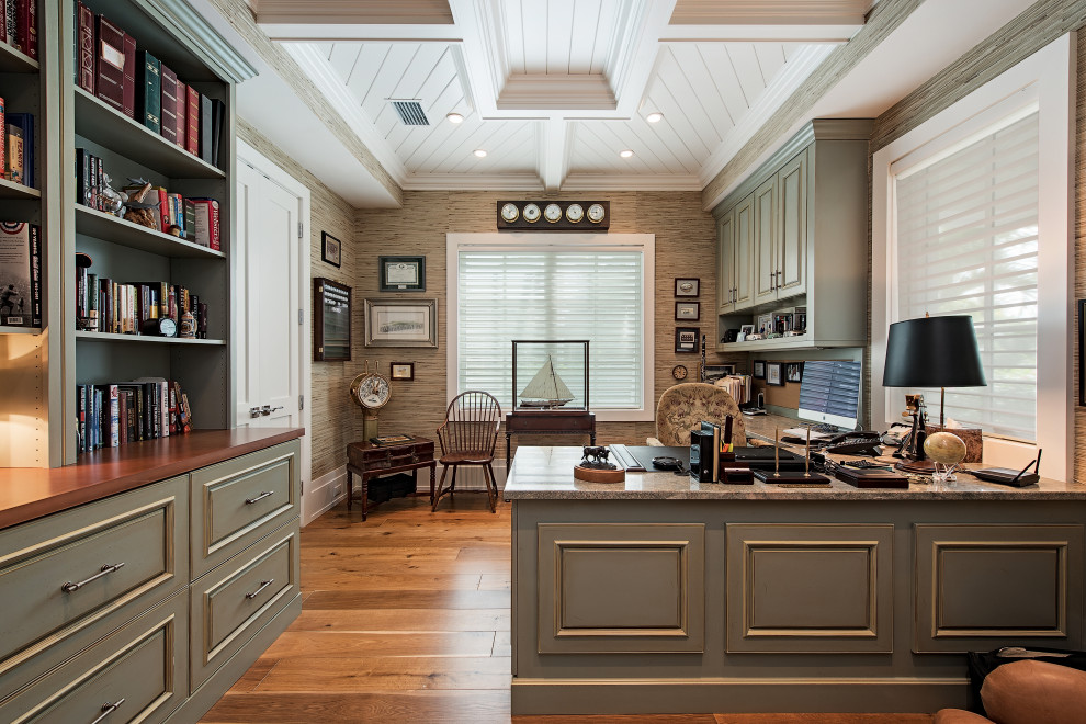 Nautical study in Miami with multi-coloured walls, medium hardwood flooring, no fireplace, a built-in desk, brown floors, a coffered ceiling, exposed beams, a wood ceiling and wallpapered walls.