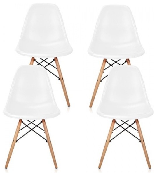 White DSW Midcentury Dining Shell Chairs With Beech Wood Eiffel Legs