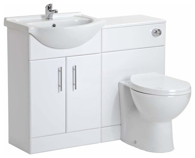 Modern Vanity Unit With WC Toilet, White Ceramic, 2-Door and Inner Shelf