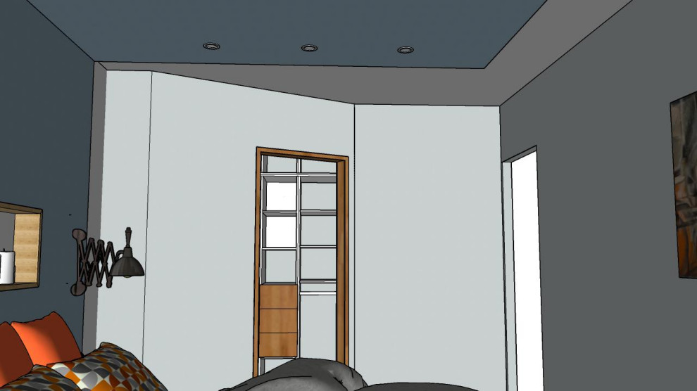 Mittelgroßes Modernes Hauptschlafzimmer ohne Kamin mit Laminat, braunem Boden und Kassettendecke in Paris
