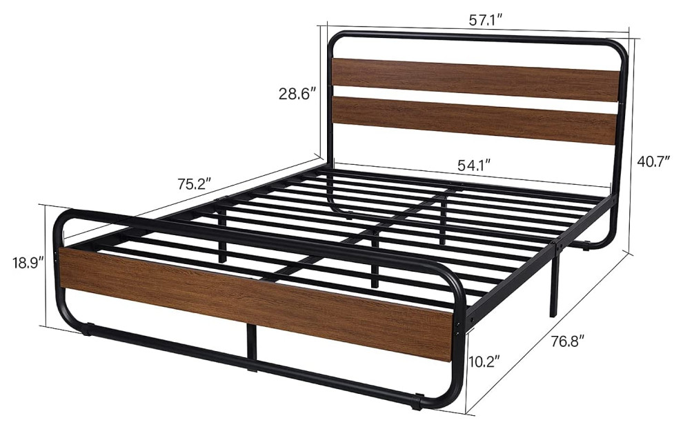 Full Size Metal Bed Frame with Wooden Headboard & Footboard