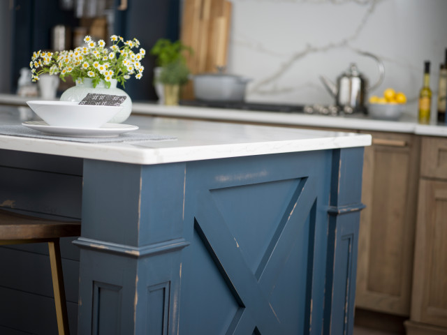Modern Farmhouse Kitchen Island With Rustic Blue Heritage Paint