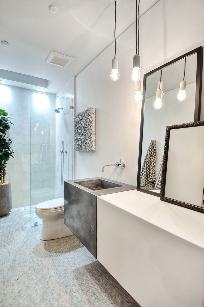 Photo of a contemporary bathroom in Orange County with an alcove shower, gray tile, white walls, mosaic tile floors, an integrated sink, grey floor and an open shower.