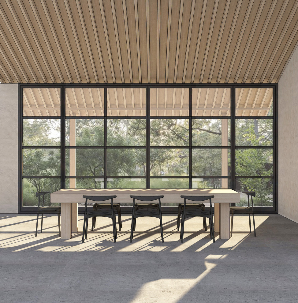 Réalisation d'une salle à manger ouverte sur la cuisine minimaliste de taille moyenne avec un mur beige, sol en béton ciré et un plafond en lambris de bois.