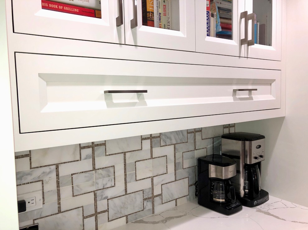 Home design - large transitional home design idea in New York with beaded inset cabinets, gray cabinets, quartz countertops and an island