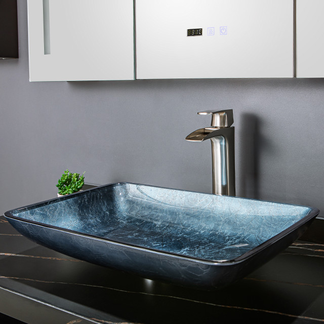 Grayish Blue Glass Rectangular Vessel Bathroom Sink modern-badezimmer