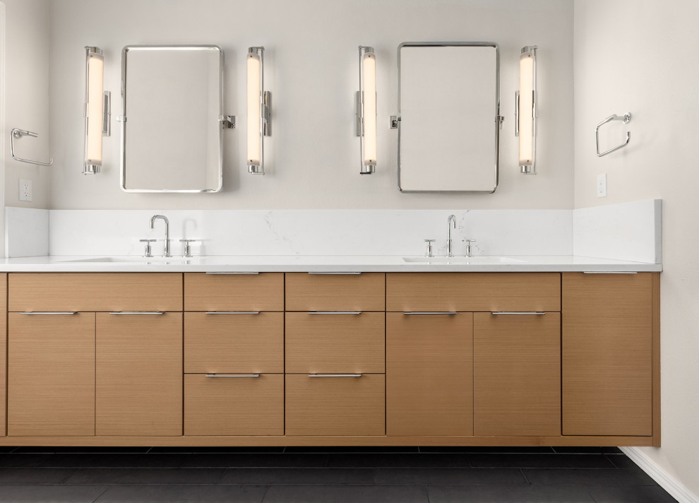 Photo of a contemporary master bathroom in Portland with flat-panel cabinets, light wood cabinets, grey walls, porcelain floors, an undermount sink, marble benchtops, beige floor and white benchtops.
