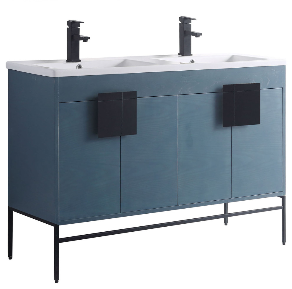 Modern Blue Bathroom Vanity Set,Black Matte Hardware, Vireous China Sink Top