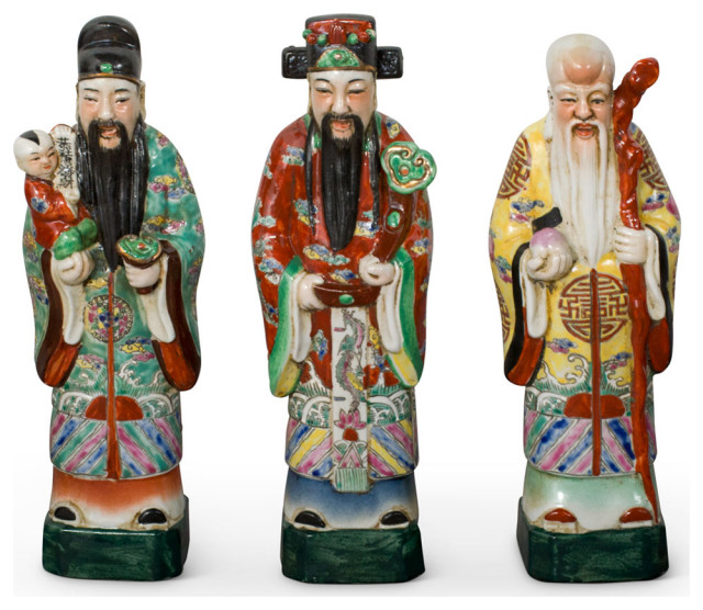 Porcelain Three Lucky Gods Chinese Statue Set - Asian - Decorative 