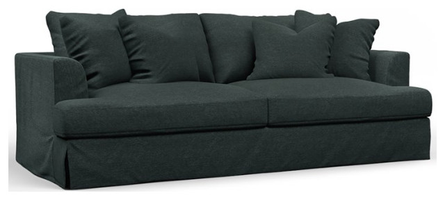 Sunset Trading Newport 94" Fabric Slipcovered Recessed Fin Arm Sofa in Dark Gray