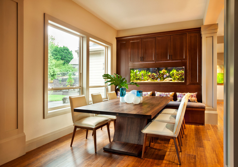 Inspiration for a transitional separate dining room in Portland with beige walls and medium hardwood floors.