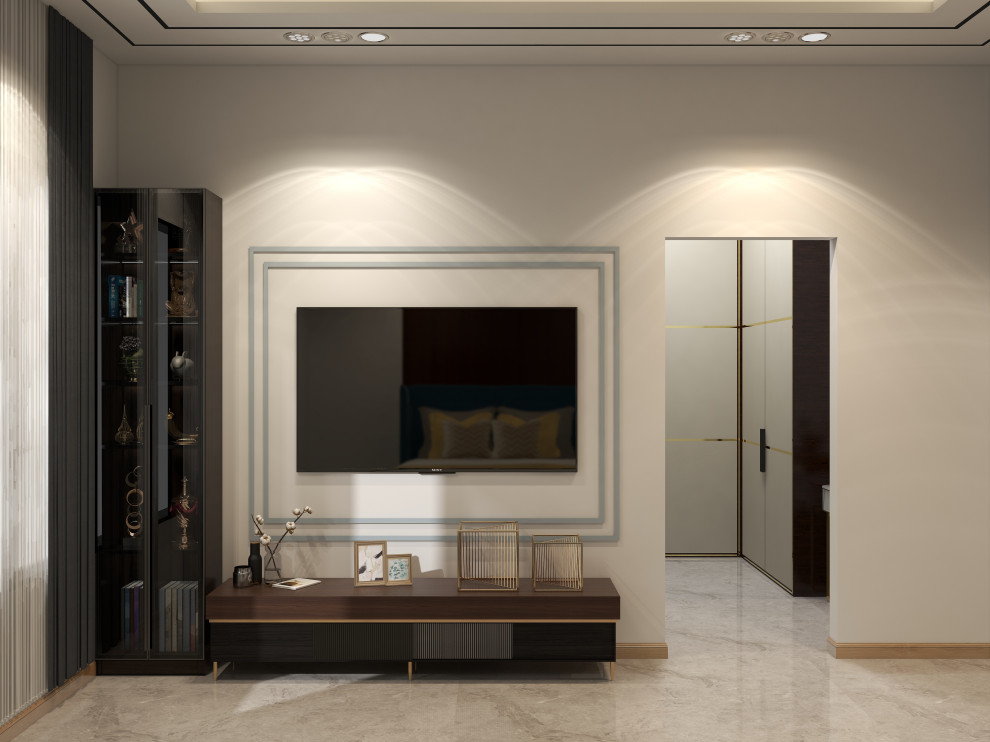 Diseño de habitación de invitados abovedada minimalista grande con paredes beige, suelo de baldosas de porcelana, suelo blanco y madera