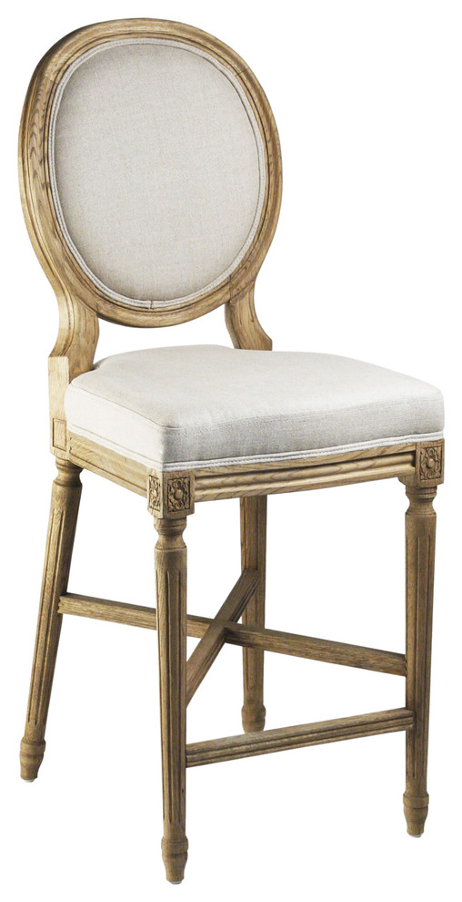 French Country Medallion Back Bar Light Linen Bar Stool Traditional