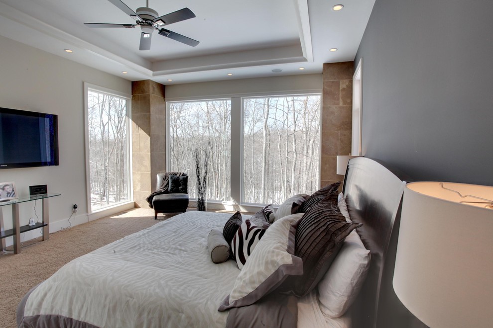 Mid-sized contemporary master bedroom in Cincinnati with grey walls, carpet and no fireplace.
