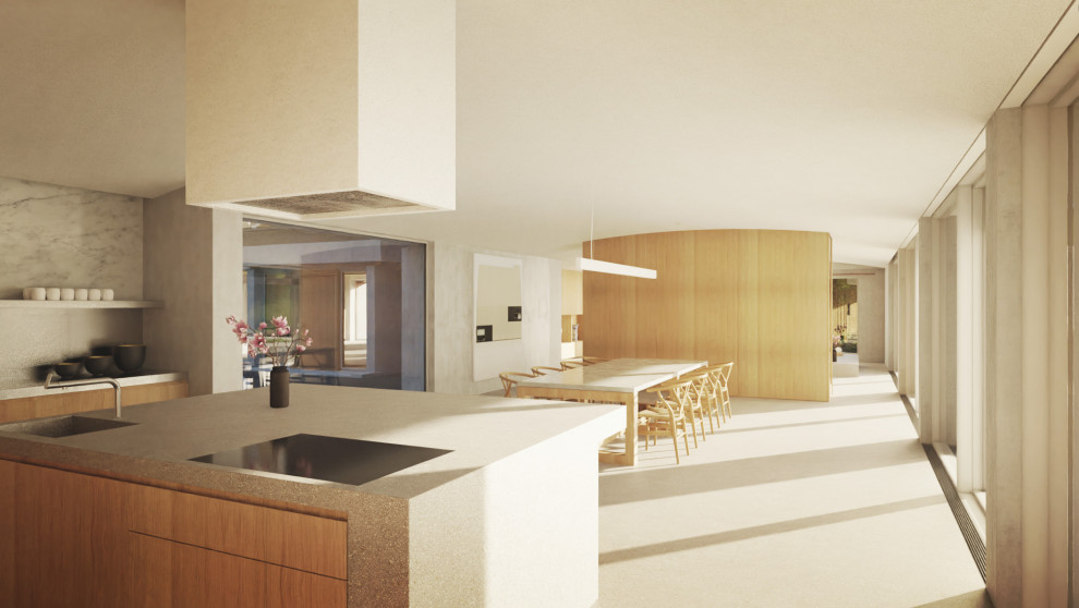 Idéer för ett stort modernt grå kök, med en integrerad diskho, släta luckor, skåp i mellenmörkt trä, bänkskiva i terrazo, integrerade vitvaror, terrazzogolv, en köksö, grått stänkskydd och grått golv