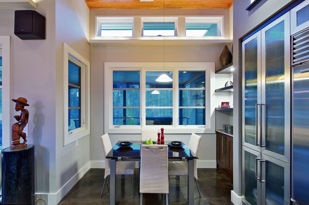 Eat-in kitchen - large modern concrete floor and gray floor eat-in kitchen idea with an undermount sink, glass-front cabinets, granite countertops, stainless steel appliances and an island