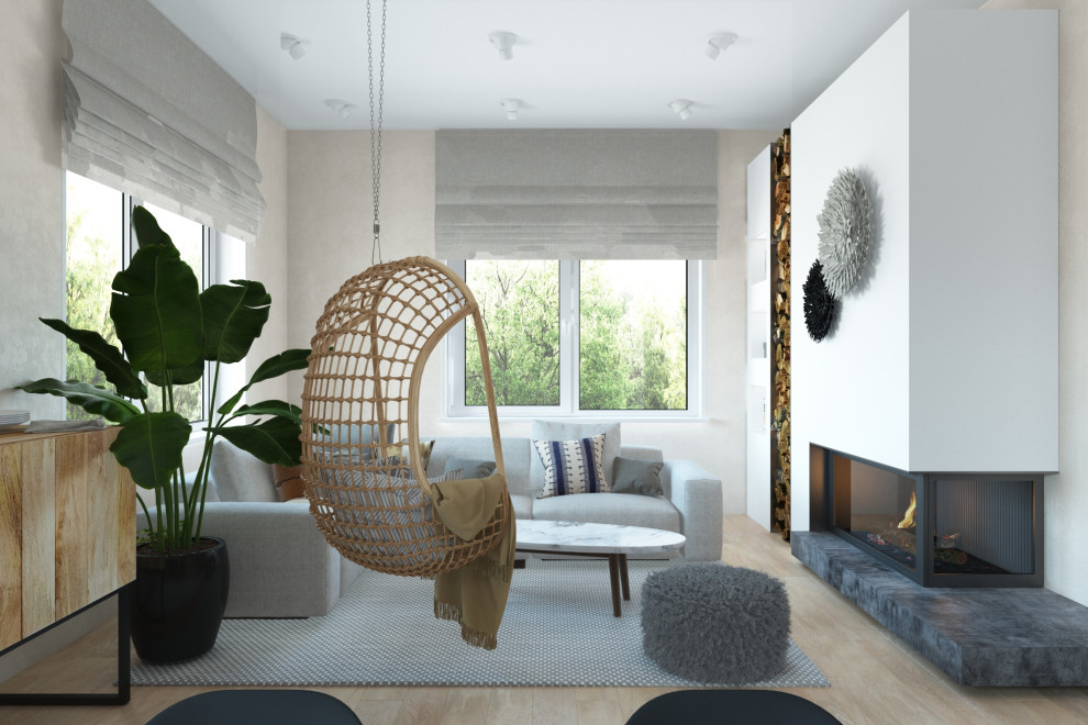 Стильный дизайн: большая объединенная гостиная комната в белых тонах с отделкой деревом в скандинавском стиле с угловым камином, фасадом камина из металла, зоной отдыха и бежевым полом - последний тренд