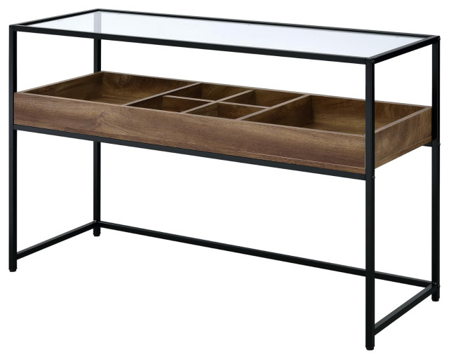 Contemporary Console Table, Glass Top & Middle Shelf With Compartments, Brown Contemporary