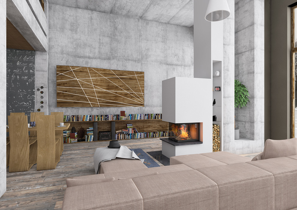 Inspiration for a large contemporary formal open concept living room in Nuremberg with white walls, light hardwood floors, a standard fireplace, a concrete fireplace surround, no tv and beige floor.