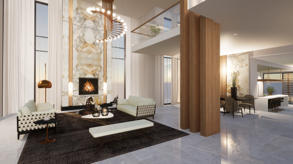 Großes, Offenes Modernes Wohnzimmer mit beiger Wandfarbe, Porzellan-Bodenfliesen, Kamin, Kaminumrandungen, buntem Boden, Deckengestaltungen und Wandgestaltungen in Sydney