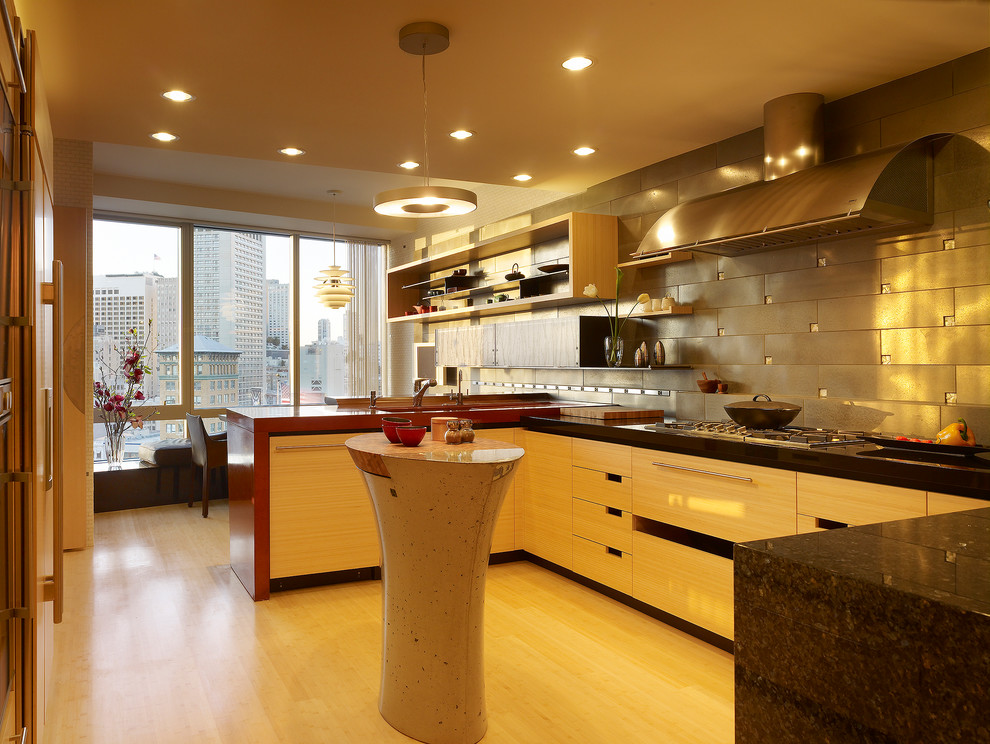 Inspiration for a modern kitchen in San Francisco with red benchtop.