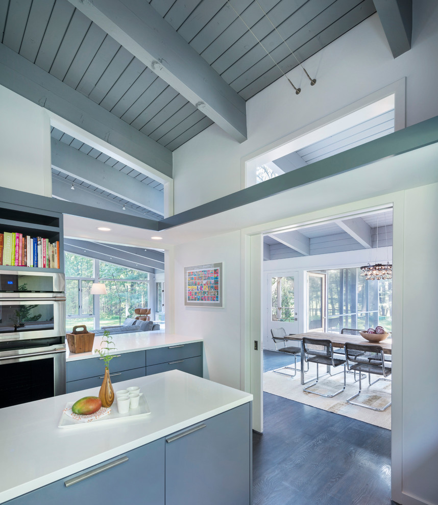 Inspiration for a mid-sized midcentury separate kitchen in Boston with flat-panel cabinets, stainless steel appliances, grey cabinets, an undermount sink, quartz benchtops and dark hardwood floors.