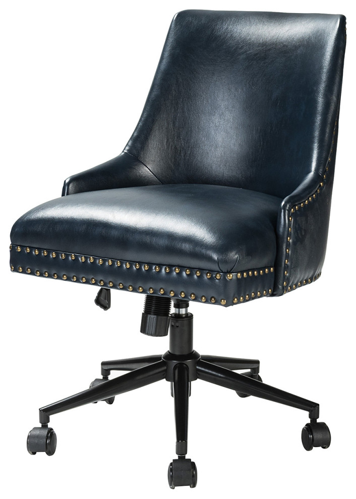 Upholstered Swivel Task Chair With Nailhead Trim, Navy