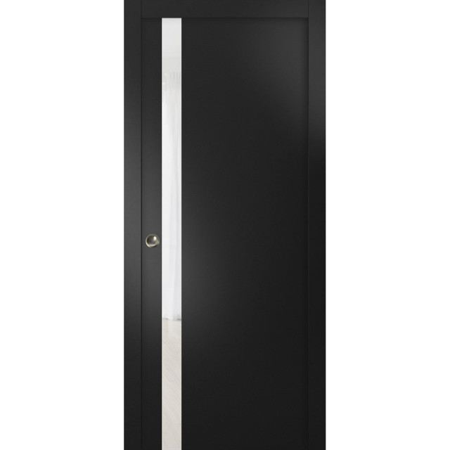 Sliding Pocket Door, Planum 0040 Black & White Glass, Rails, 18"x84