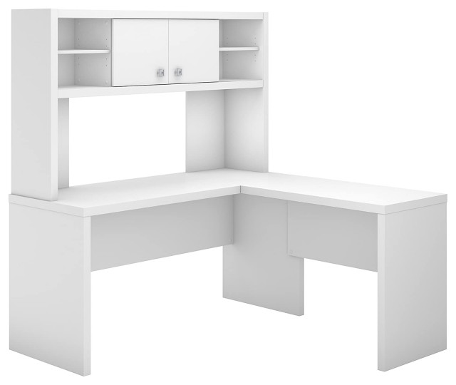 Contemporary LShaped Desk, Hutch With Open Shelves and Pure White Transitional
