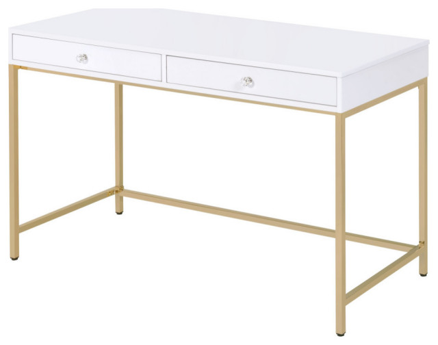 Ottey Vanity Desk, White High Gloss Gold Contemporary Desks And