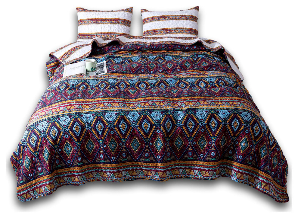 Southwestern Aztec Bohemian Desert Tribal Diamond Colorful Quilted Bedspread Set