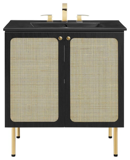 Modway Chaucer 30" Wood & Rattan Bathroom Vanity with Adjustable Shelf ...