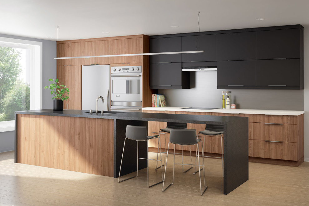 Design ideas for a large modern single-wall eat-in kitchen in Montreal with an undermount sink, flat-panel cabinets, black cabinets, wood benchtops, metallic splashback, metal splashback, stainless steel appliances, light hardwood floors, with island and brown floor.