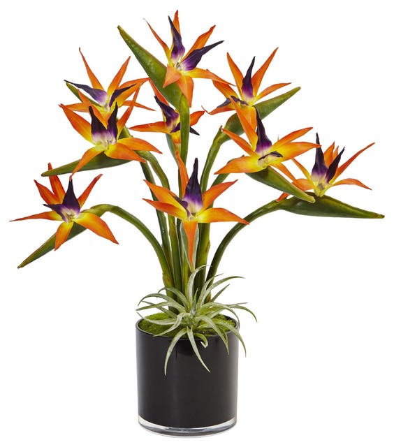 Artificial Flowers Bird Of Paradise In Black Glossy Cylinder Arrangement Tropical Artificial Flower Arrangements By Wrought Iron Haven