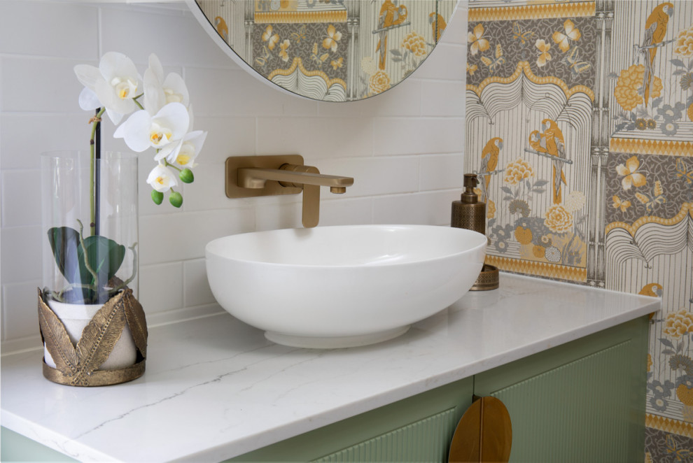 Mid-sized elegant multicolored tile and subway tile porcelain tile, multicolored floor, single-sink, shiplap ceiling and wood wall bathroom photo with shaker cabinets, green cabinets, multicolored walls, a vessel sink, quartz countertops, white countertops and a floating vanity