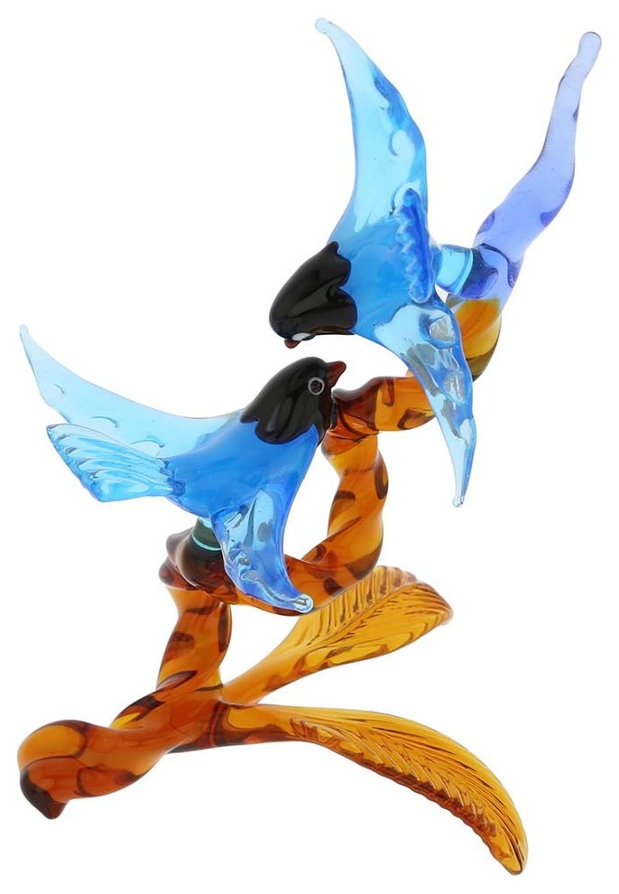 GlassOfVenice Murano Glass Birds on Golden Brown Branch - Blue