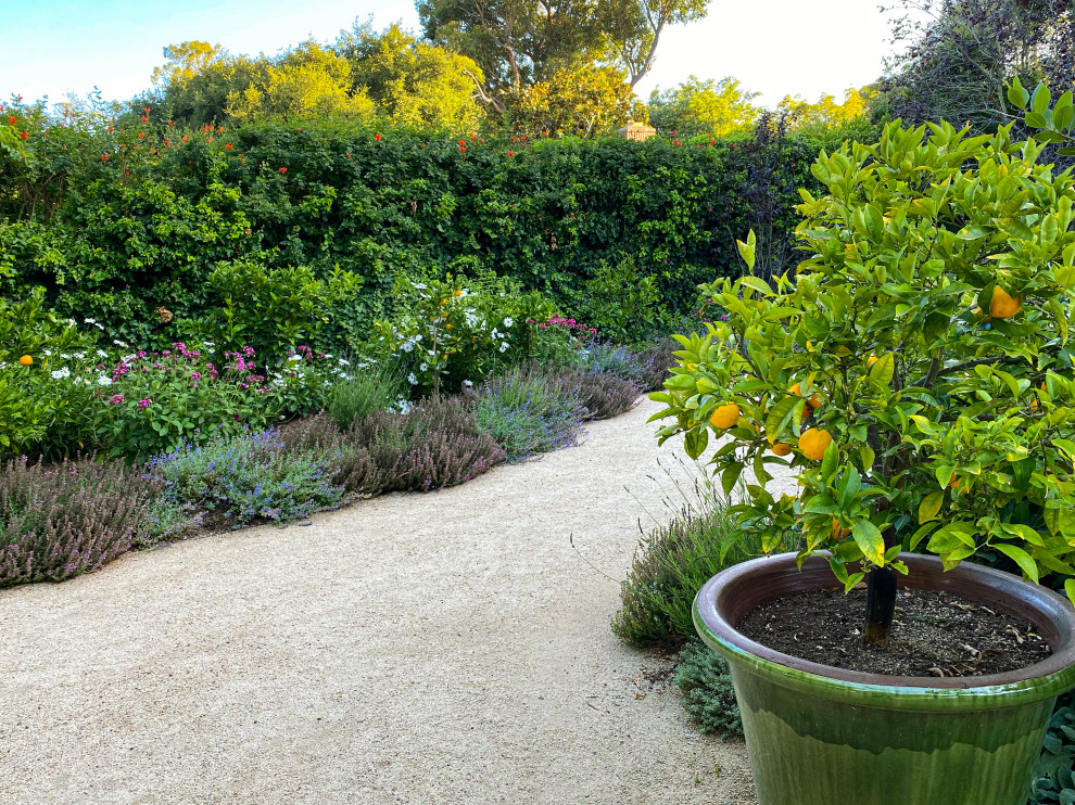 Klassischer Garten hinter dem Haus mit Granitsplitt in Santa Barbara