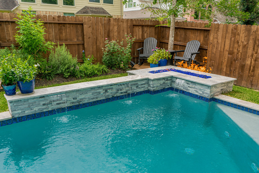 Inspiration for a small country backyard custom-shaped pool in Houston with decking.