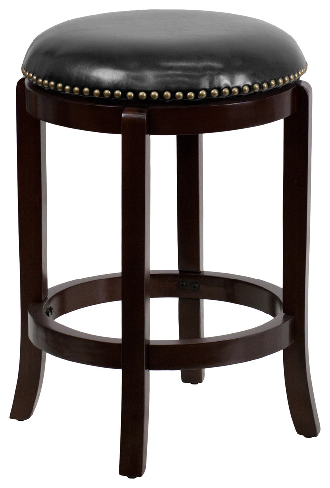 MFO 24'' Backless Cappuccino Wood Counter Height Stool with Leather Swivel Seat