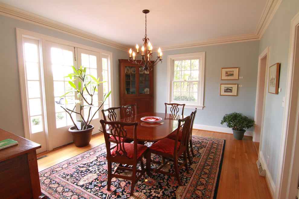 Inspiration for a mid-sized traditional separate dining room in Other with blue walls and light hardwood floors.