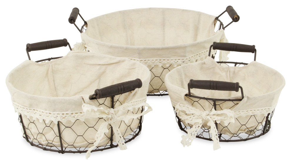 Lined Round Metal Baskets, Set of 3 Traditional Baskets by