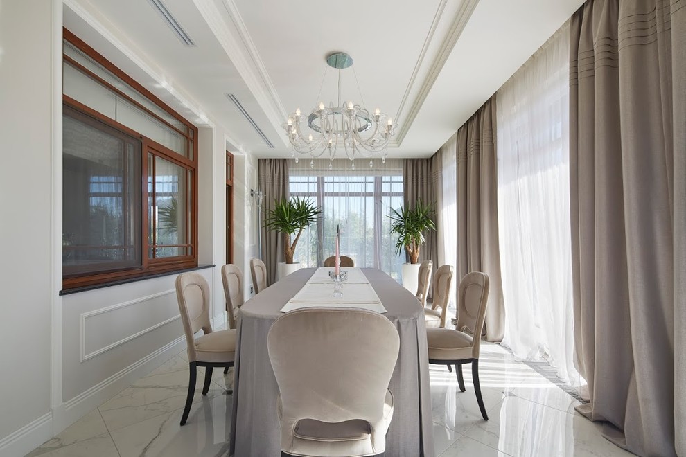 Design ideas for a transitional separate dining room in Moscow with white walls and white floor.